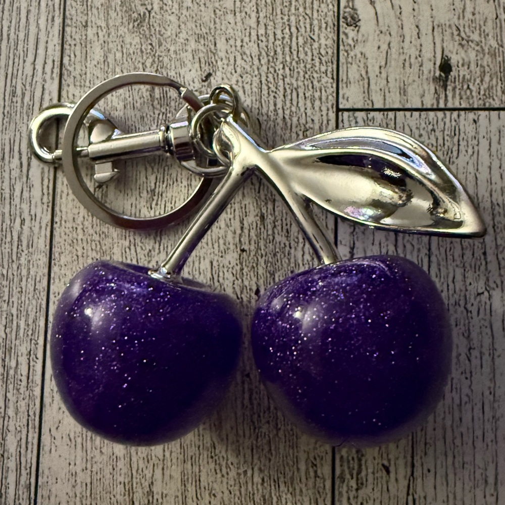Purple Sparkle Cherry Keychain with Silver Accents Bag Purse Charm